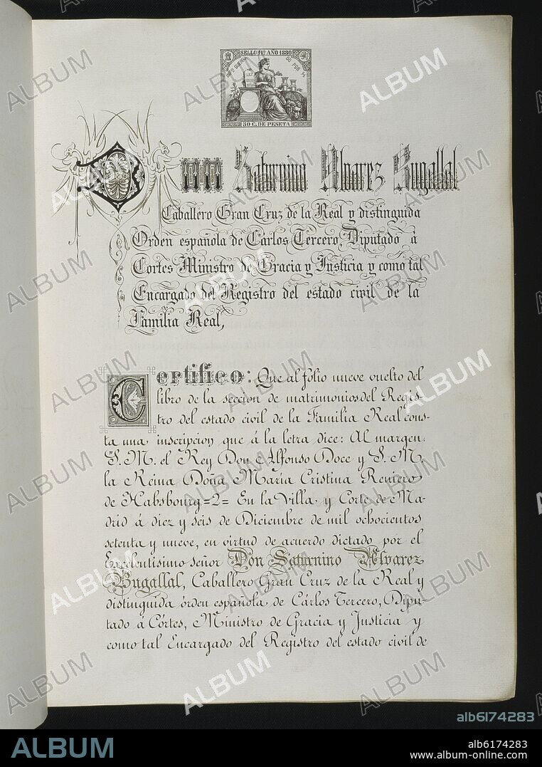 CERTIFICACION DE DON SATURNINO ALVAREZ BUNGALLAL SOBRE EL REGISTRO CIVIL DE LA FAMILIA REAL 16/12/1879.
