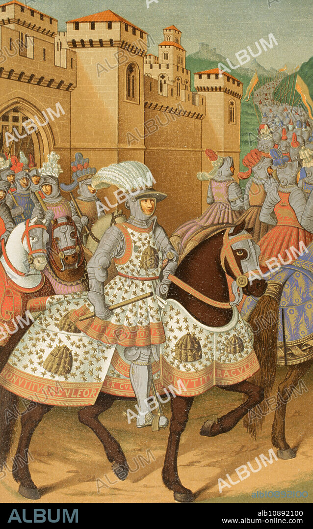 Luis XII de Francia (1462-1515). Rey de Francia (1498-1515). Luis XII partiendo de Alejandría el 24 de abril de 1507 para castigar a la ciudad de Génova. Cromolitografía a partir de una miniatura en "Le Voyage de Gênes", de Jean Marot. "Moeurs, usages et costumes au moyen-âge et à l'époque de la Renaissance", por Paul Lacroix. París, 1878.