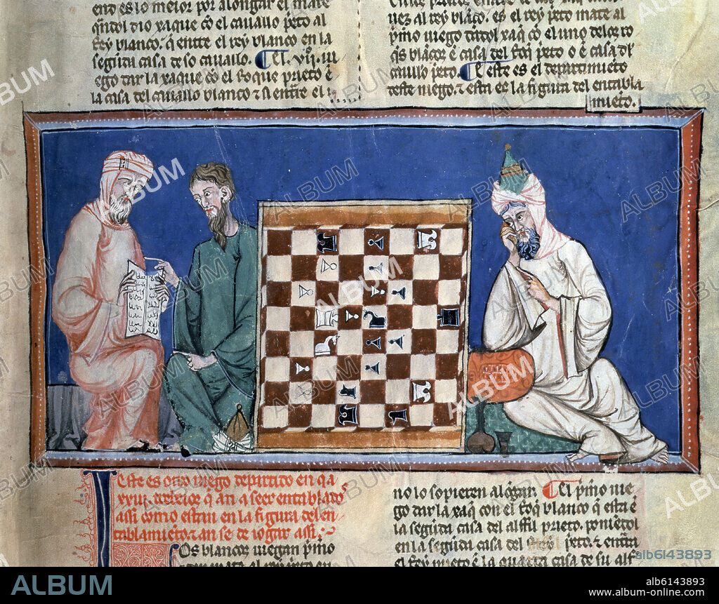 ALFONSO X DE CASTILLA EL SABIO. LIBRO DE JUEGOS O LIBRO DEL AJEDREZ DADOS Y TABLAS - 1283 - ARABES JUGANDO AL AJEDREZ - PG 14 - MINIATURA GOTICA - (CONJ Nº 90019).