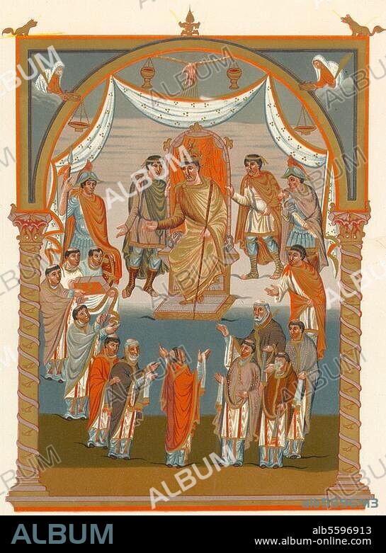 ANONYME. Charles II le Chauve ; 823-877. Vivien remet une Bible à Louis II le Chauve. De la Bible de Vivien, dite première Bible de Charles le Chauve. Sur parchemin, H. 0,495 ; L. 0, 375. Ms Latin 1, fol. 423 r, (cliché d'ap. facsimilé). Paris, Bibliothèque Nationale.