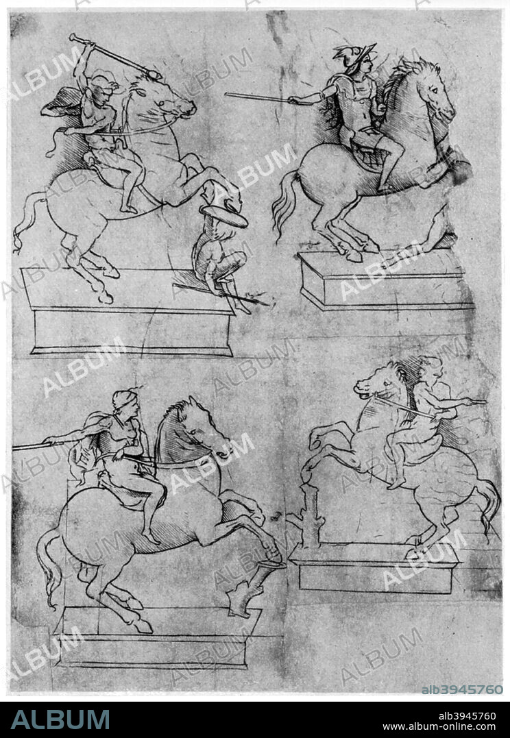 Studies for the Sforza Monument, c1488-1493 (1954). Study for the great bronze equestrian statue of Francesco Sforza, Duke of Milan, commissioned by his son and successor, Ludovico. Leonardo created a life-sized clay model of the statue, but it was never completed as in 1494 Ludovico used the 70 tons of bronze set aside for it to manufacture cannon to fight the invading French. Found in the collection of the Royal Library, Windsor Castle, Windsor. A print from Leonardo da Vinci by Ludwig H Heydenreich. (London, 1954).