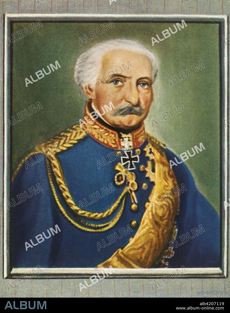 'Gebhard Leberecht Blücher', (1933). Portrait of Prussian Field Marshal Gebhard Leberecht von Blucher (1742-1819), hero of the Battle of Leipzig (Battle of the Nations) in 1813, and co-victor with the Duke of Wellington at the Battle of Waterloo in 1815. From "Gestalten Der Weltgeschichte", a book of cigarette-card portrait miniatures of figures in world history from the last four hundred years. [Germany, 1933].