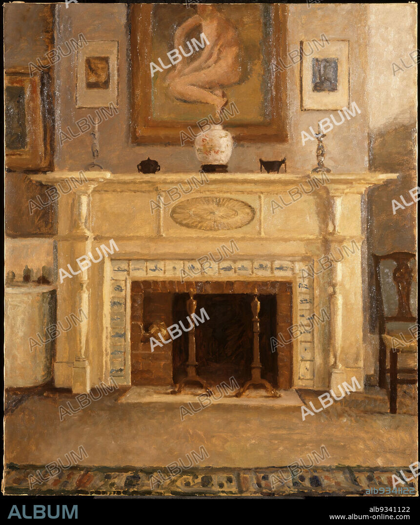 Hamilton Easter Field, American, 1873-1922, Oil on canvas, ca. 1912, 42 x 35 1/16 in., 106.7 x 89 cm, andirons, Asian, candlestick, ceramic, fireplace, frames, furniture, hearth, indoors, interior, mantel, naked, nude, painting, painting within a painting, prints, rug, tiles, woman.