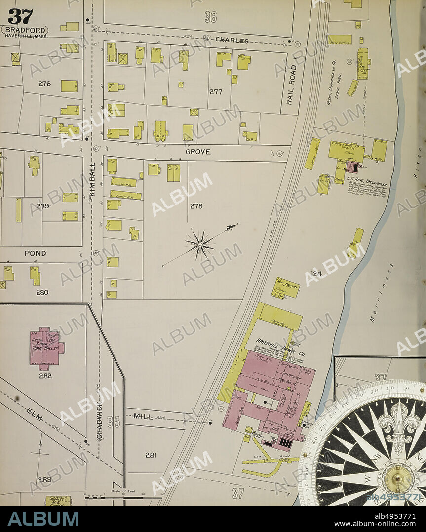 Image 40 of Sanborn Fire Insurance Map from Haverhill, Essex County, Massachusetts. 1893. 47 Sheet(s). Includes Bradford, Georgetown, Groveland. 2 skeleton maps. Bound, America, street map with a Nineteenth Century compass.