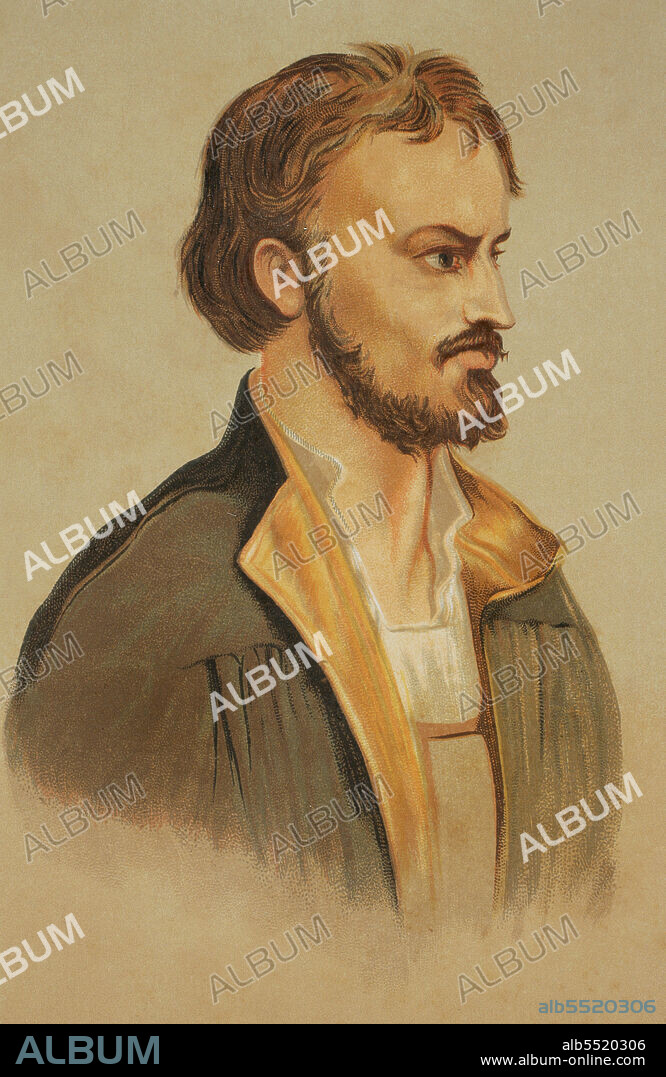 Juan Calvino ( 1509-1564). Teólogo y reformador protestante francés. Retrato. Cromolitografía. Historia Universal, por César Cantú. Tomo VIII. Publicado en Barcelona, 1886.