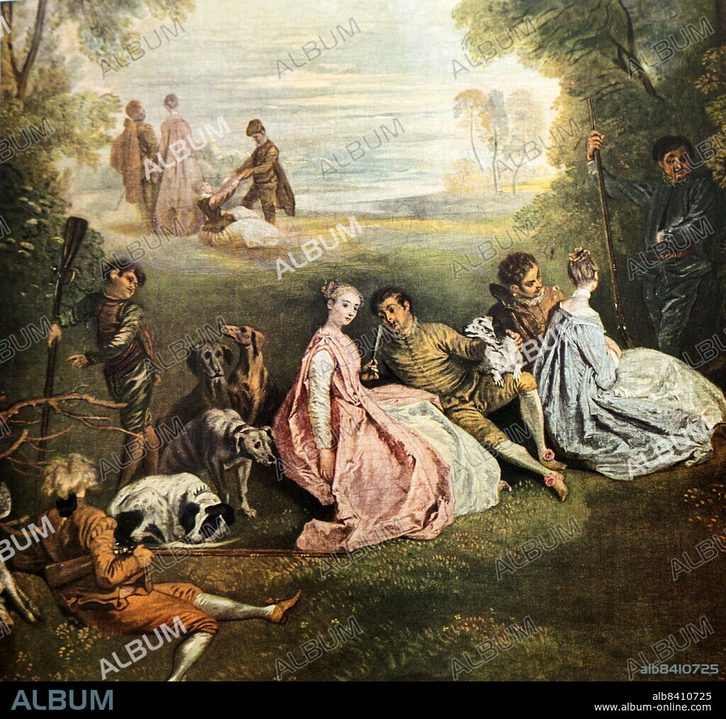 Le Rendez-vous de Chasse, c1720 by Jean-Antoine Watteau (baptised October 10, 1684 - died July 18, 1721) was a French painter and draughtsman whose brief career spurred the revival of interest in colour and movement, as seen in the tradition of Correggio and Rubens.