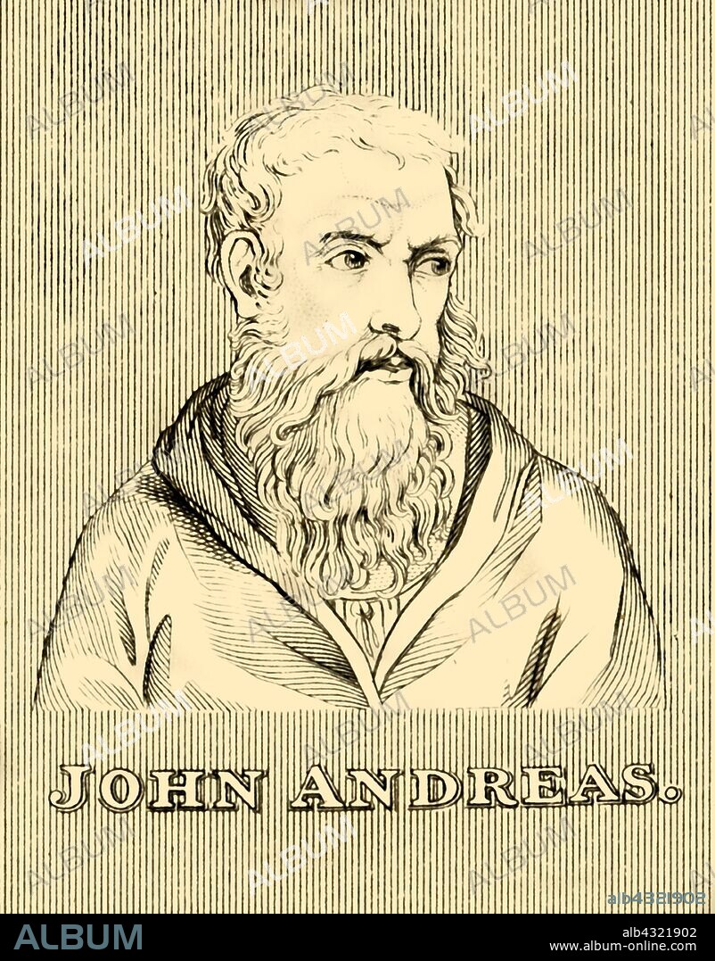 'John Andreas',  (died 1348), 1830. John Andreas (died 1348), Italian professor in Padua c1330; and canonist lawyer who led an austere life. From "Biographical Illustrations", by Alfred Howard. [Thomas Tegg, R. Griffin and Co., J. Cumming, London, Glasgow and Dublin, 1830].