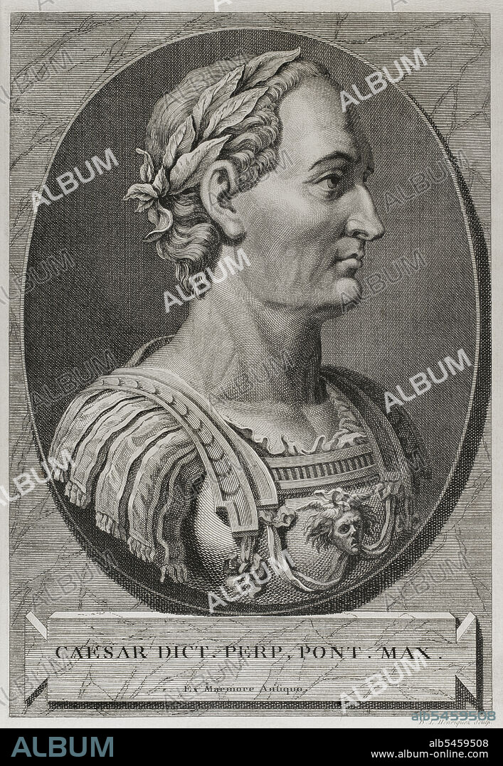 Gaius Julius Caesar (100 BC - 44 BC). Roman politician, general and writer. In 60 BC he established a triumvirate with Pompey and Crassus. Conquered Gaul. Head of the empire an dictator in perpetuity (Dictator Perpetuus). Portrait. Engraving. "Commentaires de Cesar, avec des notes historiques, critiques et militaires, by count Turpin de Crissé. Volume I. Published in Montargis and sold in Paris, 1785.