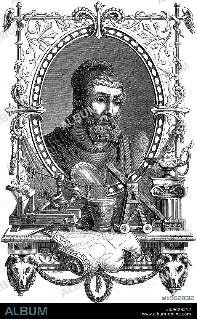 Archimedes (c287-212 BC), Ancient Greek mathematician and inventor, 1866. Artist's impression of him surrounded by his discoveries and inventions. Born in Syracuse on the island of Sicily, Archimedes is one of the most celebrated scientists of the ancient world. His major contribution to mathematics was his discovery of formulae for the areas and volumes of spheres, cylinders, parabolas and other plane and solid figures. The methods he used anticipated the theories of integration that were developed 1800 years later. He also pioneered the science of hydrostatics, the study of the pressure and equilibrium of fluids. Archimedes is probably most famous for his shout of 'Eureka' when he realised that the level of water in his bath rose when he got into it. The Archimedean screw developed by him as a means of raising water is still used for irrigation purposes today.