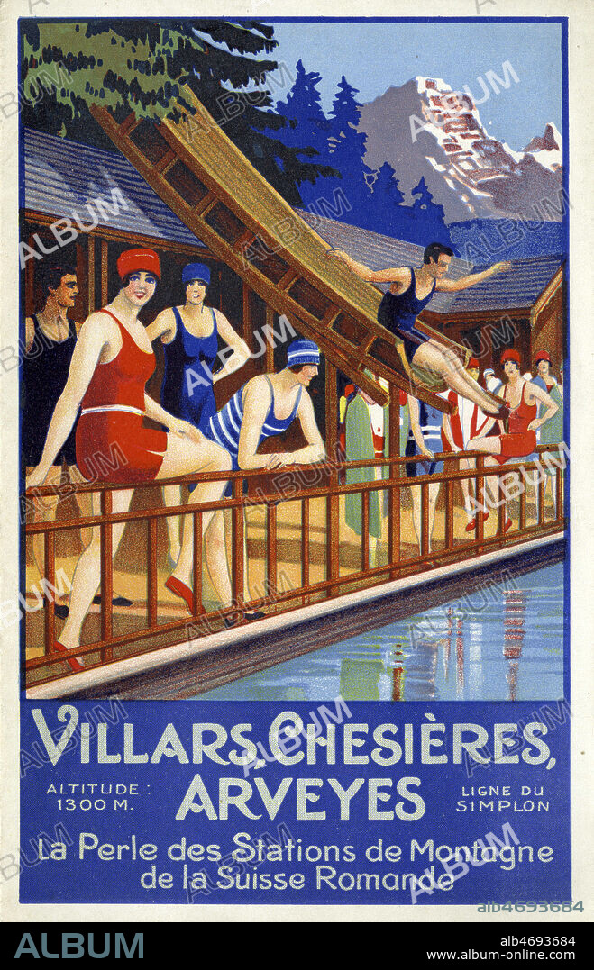 'Villars, Chesieres, Arveyes, la perle des stations de montagne de la Suisse Romande-LIgne du Simplon'. Brochure publicitaire de tourisme vers 1925. Illustration anonyme. Credit : Collection IM/KHARBINE-TAPABOR.