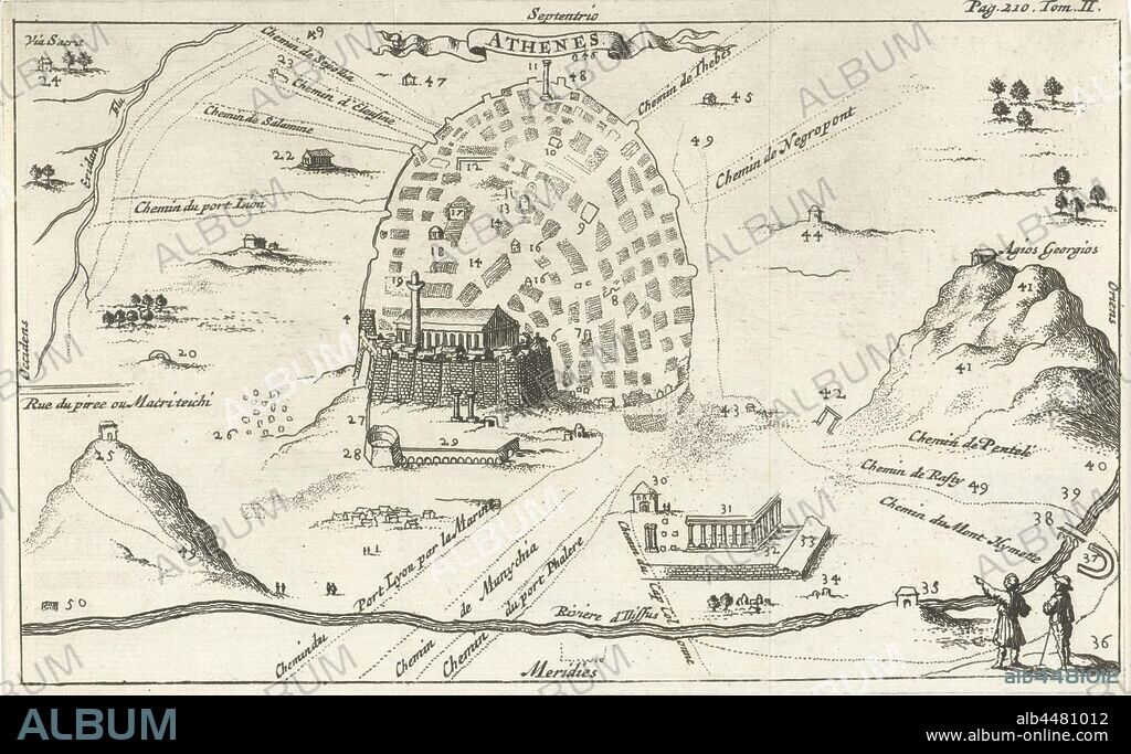 Map of Athens Athenes (title on object), Print on the top right: Pag. 210. Tom. II, maps of cities, Jan Luyken, Amsterdam, 1679, paper, etching, h 124 mm × w 198 mm.