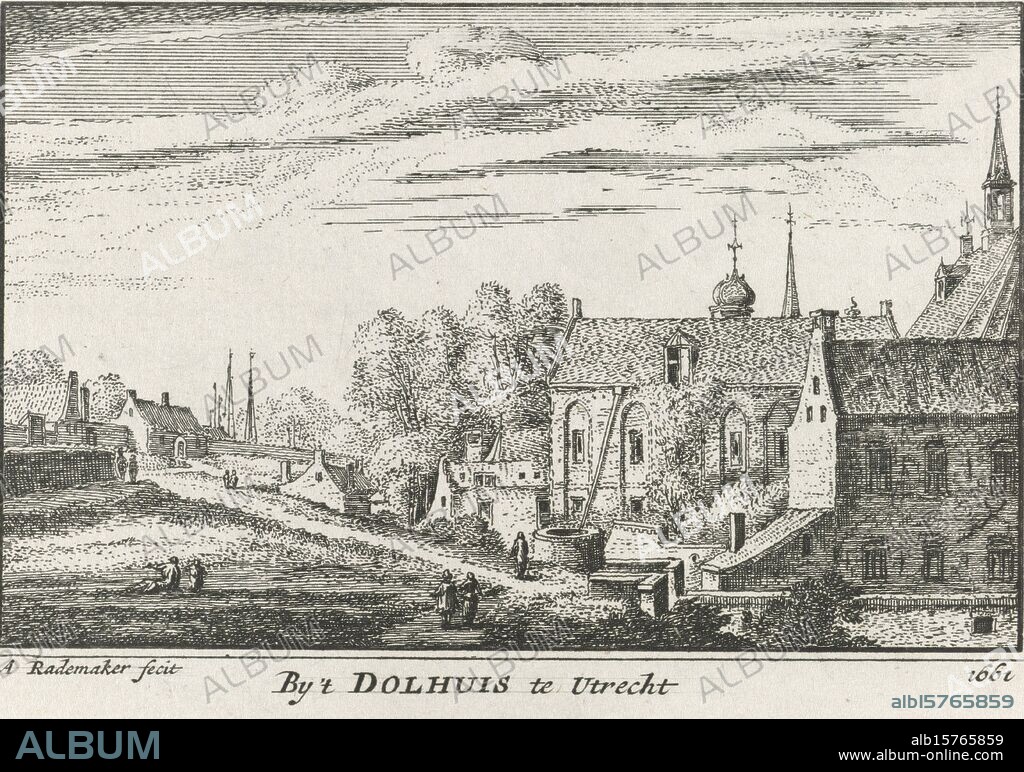 View of the city wall near the madhouse and the St. Agnietenklooster in Utrecht, 1661, By 't Dolhuis te Utrecht 1661 (title on object), View from the city wall of the madhouse and the St. Agnietenklooster in Utrecht with the courtyard, in the situation around 1661. In the foreground some figures., print, print maker: Abraham Rademaker, publisher: Willem Barents, publisher: Antoni Schoonenburg, Amsterdam, 1727 - 1733, paper, etching, engraving, height, 80 mm × width, 115 mm.
