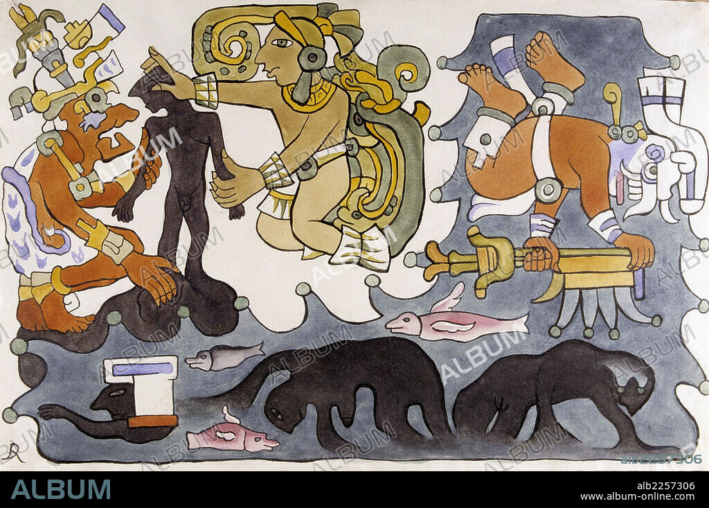 RIVERA , DIEGO. PINTOR MEXICANO 1886 - 1957. " POPOL VUH. LA CREACION DEL HOMBRE ". ACUARELA PARA TEXTO MAYA. MUSEO CASA DIEGO RIVERA. GUANAJUATO.