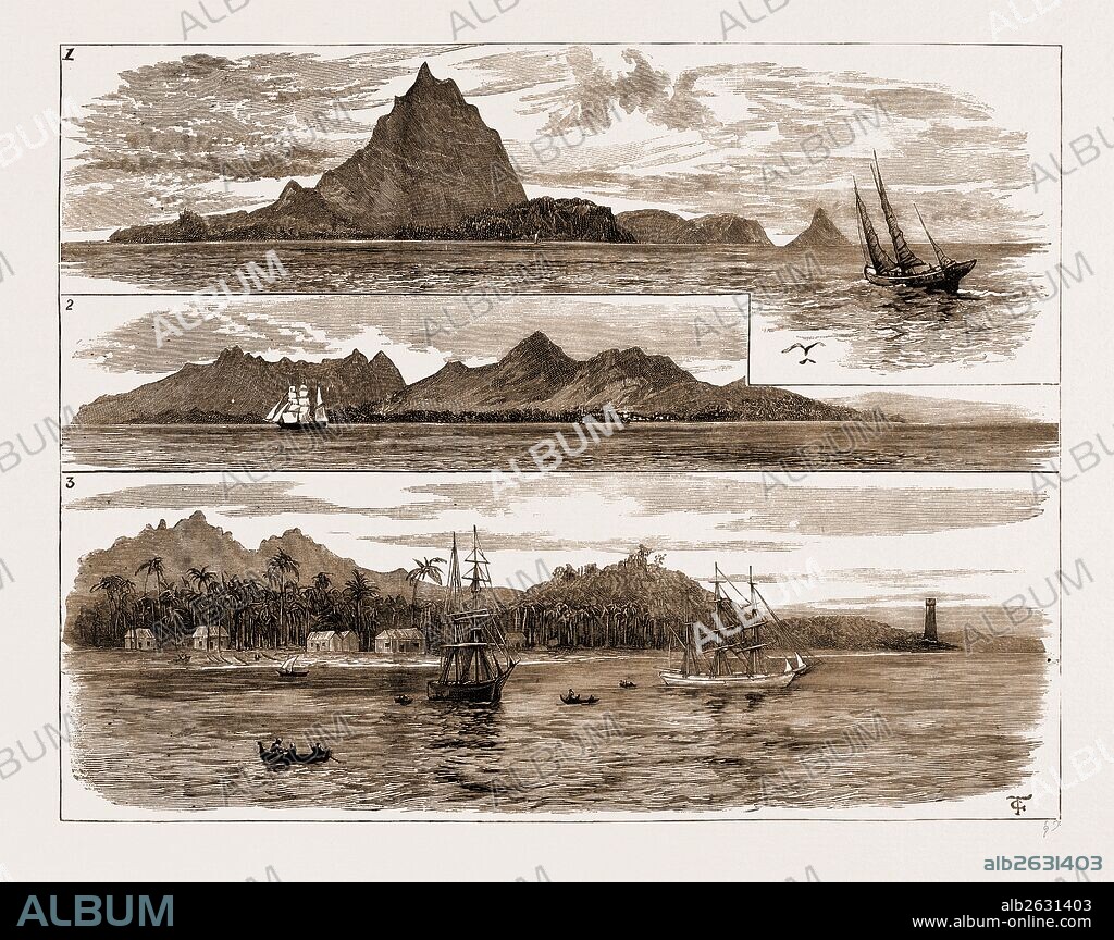 THE VOLCANIC ERUPTION AT JAVA, INDONESIA, VIEWS OF KRAKATOA AND ANJER, NOW COMPLETELY DESTROYED, 1883: 1. The Island of Krakatoa, South-Eastern Side. 2. The Sunda Straits: Anjer Hill from the North-West. 3. View of Anjer, Showing the Lighthouse.