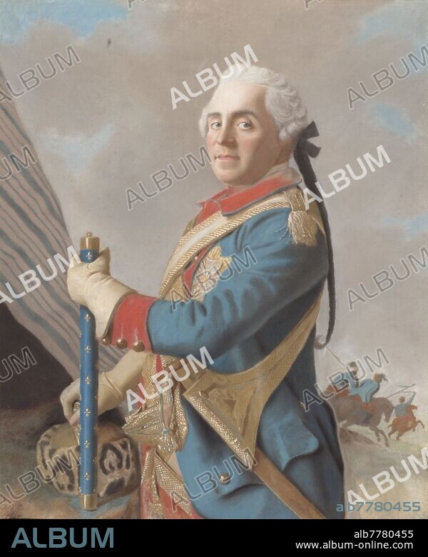 Portrait of Moritz, Graf von Sachsen, Graf von Sachsen (1696-1750), Marshal of France. Half-length, standing to the left, looking at the viewer. In the left hand a command staff, the right hand resting on a fur hat. In the background on the left a banner or the canvas of a tent, on the right some horsemen. Part of the pastel collection., Moritz Graf von Sachsen, Jean-Etienne Liotard, 1748, parchment (animal material), h 62 cm × w 51 cm w 6.9 kg h 73.6 cm × w 62.4 cm × t 4.6 cm.
