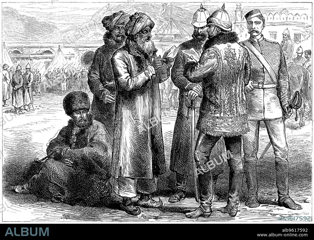 Second Anglo-Afghan War (1878-1880), 1880. General Frederick Roberts (1832-1914) at his headquarters at Sherpore Cantonments, February 1880. Wood engraving March 1880.