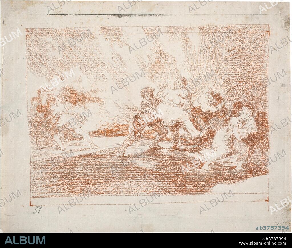 Francisco de Goya y Lucientes / 'They escape through the flames'. 1810 - 1814. Red chalk, Conté crayon on ivory laid paper.