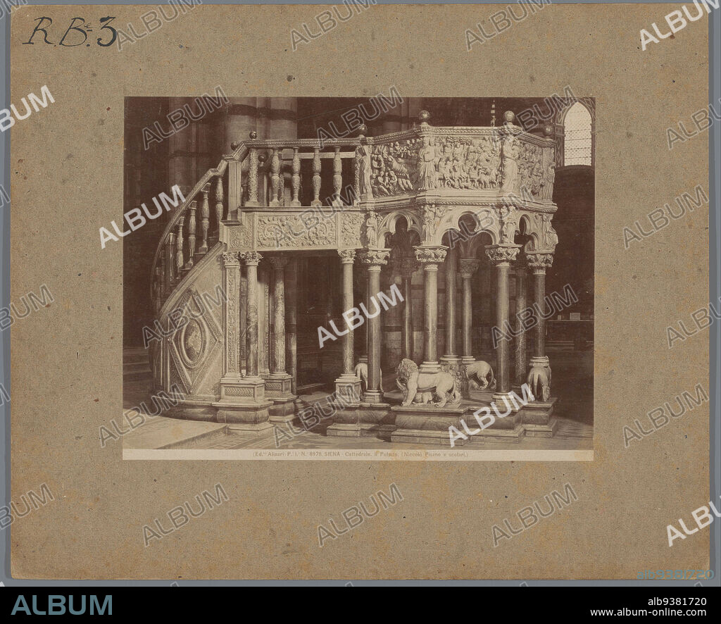 Pulpit in the Cathedral of Siena by Nicola Pisano, SIENA - Cattedrale. Il Pulpito. (Niccolò Pisano e scolari) (title on object), Alinari (mentioned on object), Dom, 1875 - 1900, cardboard, albumen print, height 194 mm × width 251 mm.