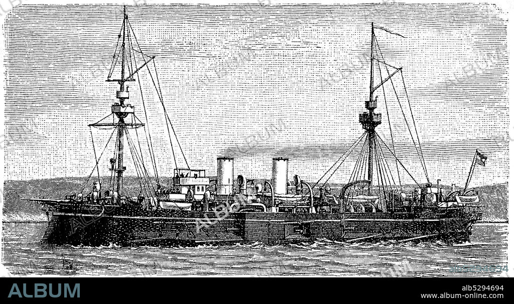 SMS Tegetthoff, His Majesty's Ship Tegetthoff, was the second of four Tegetthoff-class dreadnought battleships built for the Austro-Hungarian Navy, Austria  /  Gepanzertes österreichisches Kasemattschiff Tegetthoff, Schlachtschiff der Tegetthoff-Klasse der k.u.k. Kriegsmarine, Österreich, Historisch, digital improved reproduction of an original from the 19th century / digitale Reproduktion einer Originalvorlage aus dem 19. Jahrhundert,.