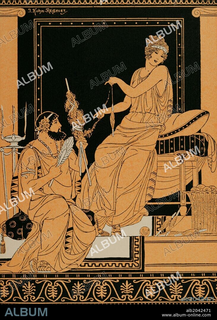 MITOLOGIA CLASICA GRIEGA. "Hércules y Omfala". Dibujo de J. Kuhn Regnier.