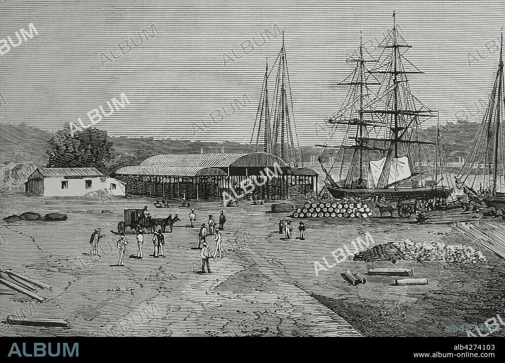 Hispaniola (La Española). Santo Domingo. La Enramada dock and customs. Engraving. La Illustración Española y Americana, 1882.