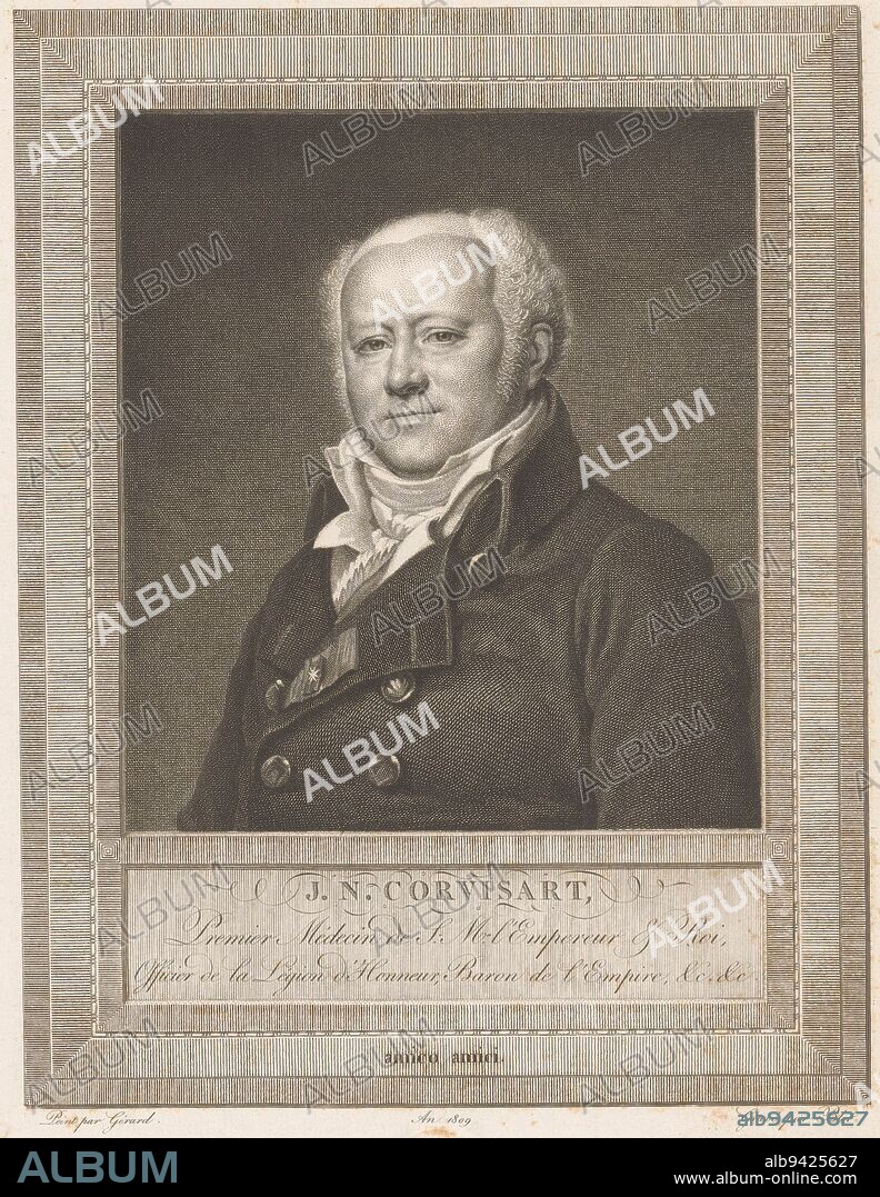Portrait of Jean-Nicolas Corvisart, Maurice Blot, after François Gérard, 1809, print maker: Maurice Blot, (mentioned on object), after: François Gérard, (mentioned on object), France, 1809, paper, etching, engraving, h 293 mm × w 237 mm.