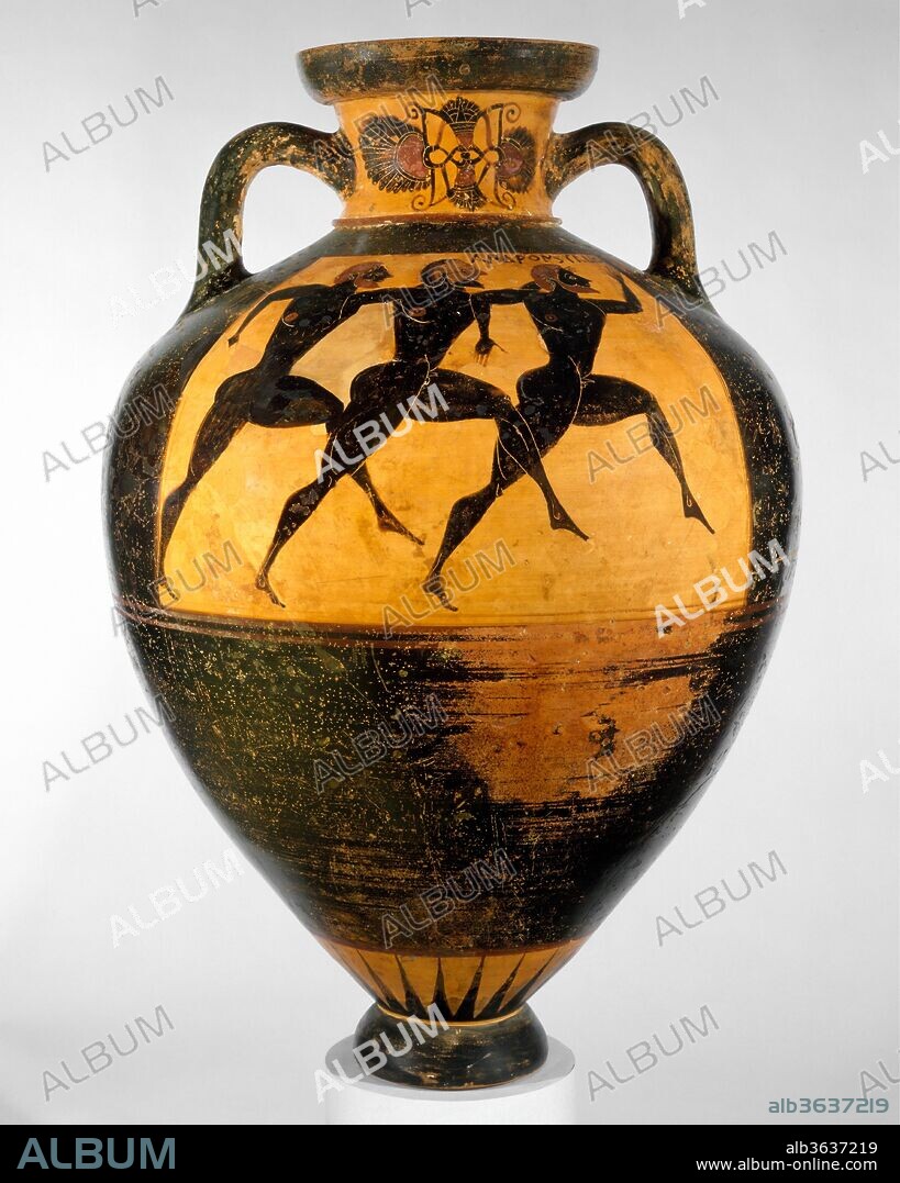 Terracotta Panathenaic prize amphora (jar). Culture: Greek, Attic. Dimensions: H. 24 5/16 in. (61.8 cm)
diameter  2 9/16 in. (6.5 cm). Date: ca. 560-550 B.C..
Obverse, Athena, with this inscription: one of the prizes from Athens. Nikias made me
Reverse, footrace, with this inscription: stadion race of men
From the second quarter of the sixth century B.C. on, victors in the contests of the Panathenaic festival in Athens were awarded a standardized amphora containing one metretes (about forty-two quarts) of olive oil from sacred groves in Attica. The official decoration on the front was a picture of a statue of Athena, fully armed. The scene on the back showed the event for which the prize was awarded. 
This is the earliest Panathenaic amphora in the collection of The Metropolitan Museum of Art. It is also one of the earliest of those dated between 566 and 550 B.C., a period of some experimentation. The canonic ornaments for the neck and shoulder and even the placement of the official prize inscription did not become established until the last quarter of the sixth century; in the early group, no two amphorae are alike in these details. The stadion, identified here as the competition for which the prize was won, was a race of nearly two hundred yards.