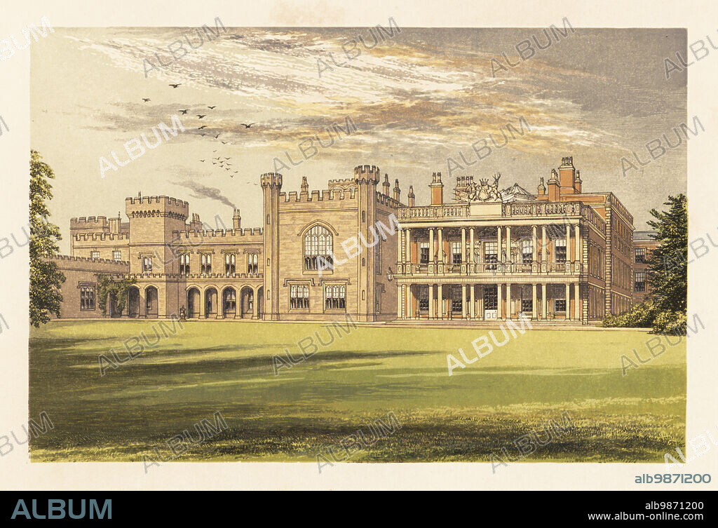 Knowsley Hall, Lancashire, England. Medieval hunting lodge developed into a large house by James Stanley, 10th Earl of Derby, in 1702. Extended and given Gothic castellations in 1820 by John Foster and William Burn for Edward Smith-Stanley, 13th Earl of Derby. Colour woodblock by Benjamin Fawcett in the Baxter process of an illustration by Alexander Francis Lydon from Reverend Francis Orpen Morriss Picturesque Views of the Seats of Noblemen and Gentlemen of Great Britain and Ireland, William Mackenzie, London, 1880.