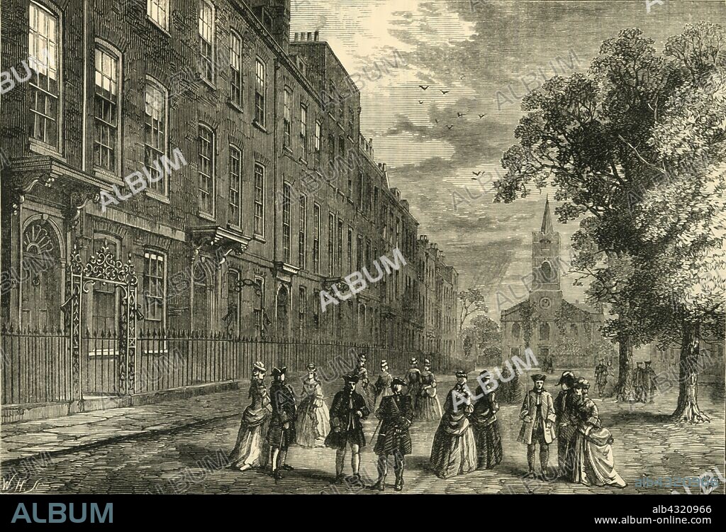 'Church Row, Hampstead, in 1750', (c1876). Church Row in Hampstead, built c1720s was to become home to H.G. Wells who moved into number 17 in 1909. From "Old and New London: A Narrative of Its History, Its People, and Its Places. The Western and Northern Studies", by Edward Walford. [Cassell, Petter, Galpin & Co., London, Paris & New York].