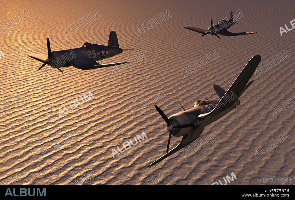 American Vought F4U Corsair aircraft in flight over the Pacific Ocean during World War II.