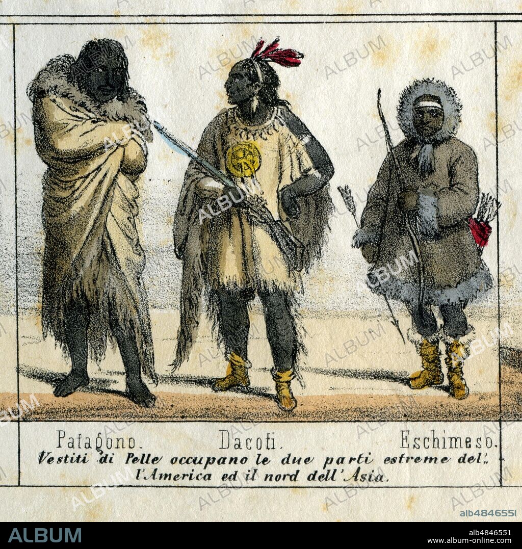 HUMAN RACES 'Patagono, Dakoti, Eschimeso, leather clothes occupy the two extreme parts of America and North of Asia'. Original caption drawn up according to the nineteenth-century concept of 'race', which although it remains in the common language is considered scientifically overcome in the late following century, and better defined by the term considered even more politically correct than 'ethnicity' or 'phenotype', depending on the context. Detail from table V, 'Overview of all the races of the globe and their style of dressing', from 'La Geografia at a glance', Lithograph Corbetta, Milan, 1853.