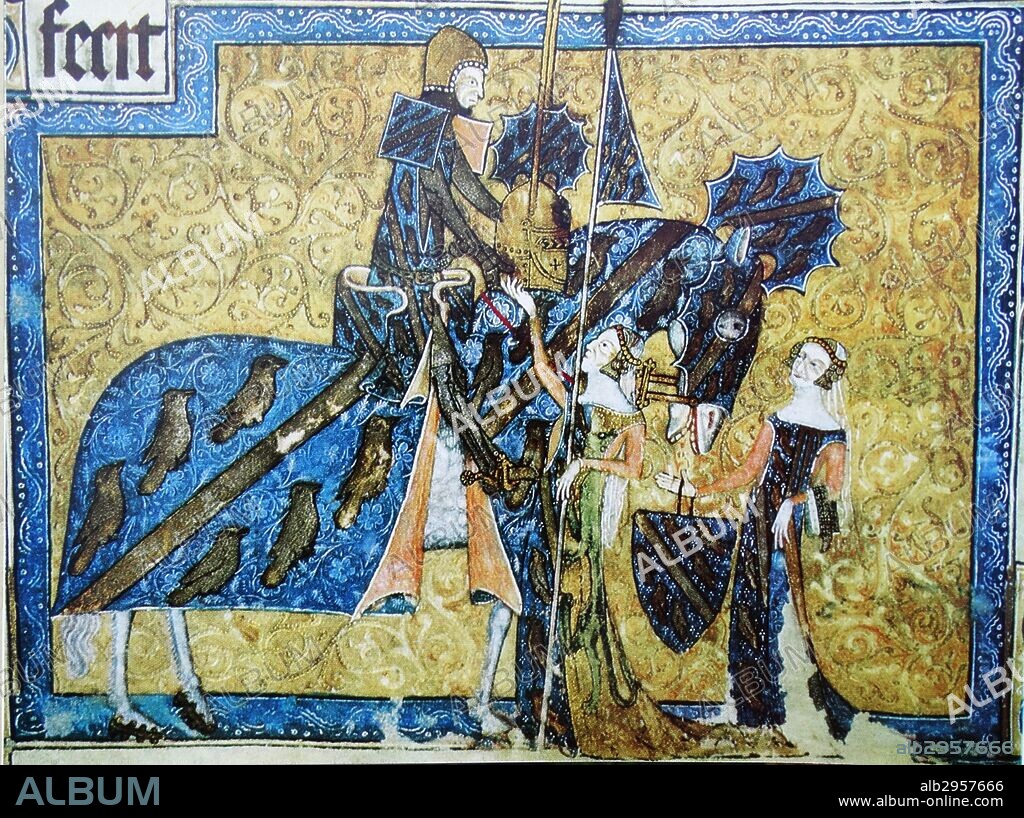 Illumination of Sir Geoffrey Luttrell III (1276-1345), a knight of Lincolnshire, depicted with his wife and daughter-in-law. Taken from the Luttrell Psalter. Dated 14th Century.
