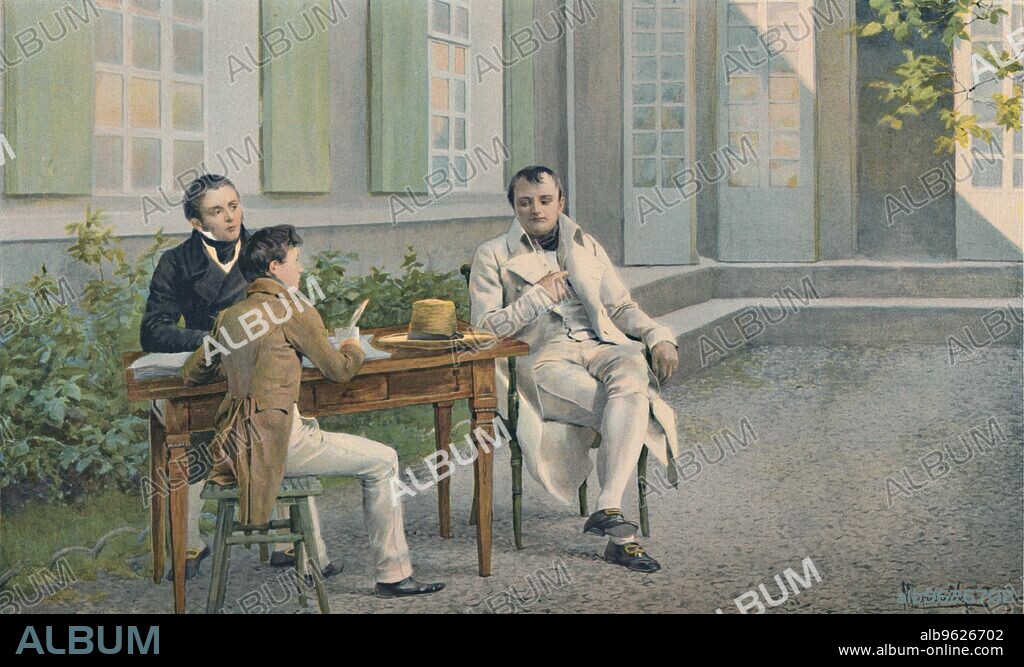 'Las Casas and His Son Writing The History of Napoleon Under His Dictation', c1815, (1896). French atlas-maker and author Emmanuel-Augustin-Dieudonné-Joseph, comte de Las Cases (1766-1842) taking dictation from Napoleon Bonaparte (1769-1821) during his exile on the island of Saint Helena. Las Cases acted as Napoleon's secretary, recording his conversations which he later compiled in the famous 'Mémorial de Sainte-Hélène'. It is a flattering and biased account, as Las Cases included his own thoughts and opinions, in some cases even misstating facts and fabricating documents. Typogravure after the aquarelle by F De Myrbach. From Life of Napoleon Bonaparte, Volume IV, by William Milligan Sloane. [The Century Co., New York, 1896].