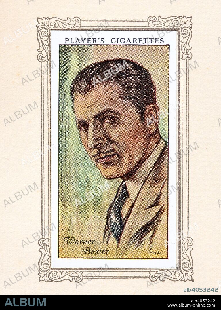 Warner Baxter, 1934. Warner Leroy Baxter (March 29, 1889 - May 7, 1951) was an American actor, known for his role as The Cisco Kid in In Old Arizona (1929), for which he won the second Academy Award for Best Actor in the 1928?1929 Academy Awards.  From An Album of Film Stars; Second Series issued by John Player & Sons. [Imperial Tobacco & Co Ltd, 1934].