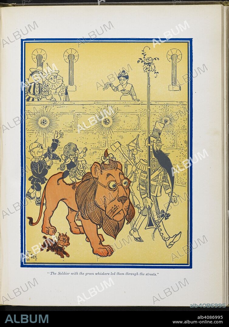 LYMAN FRANK BAUM y PERCY ALEXANDER LEASON. "The soldier with the green whiskers led them through the streets". The New Wizard of Oz ... With pictures by W. W. Denslow. Bobbs-Merrill Co.: Indianapolis; Hodder & Stoughton: London, [1906.]. Source: 12813.tt.15 after page 137.