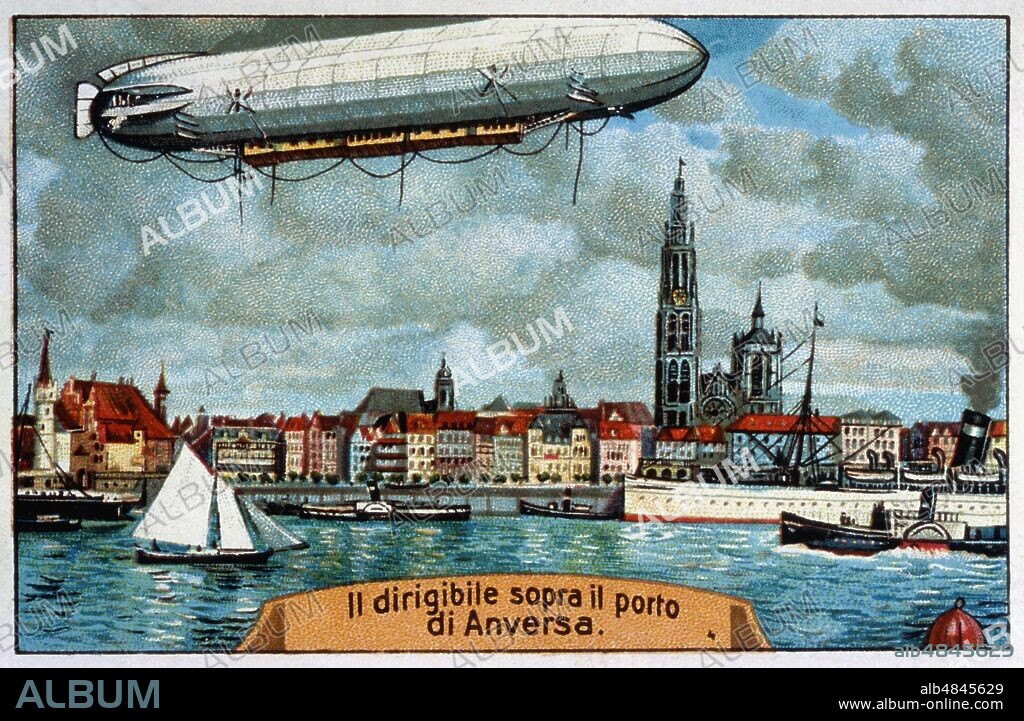 POSTCARDS 'The airship over the port of Antwerp'. Fourth in a series of 12 chromolithographs entitled: 'Journey in airship from London to Rome' realized by 'Jodoferratose', 'Excellent substitute of iron iodide syrup' used in gynecological and child practice. Italy, 1906 ca.