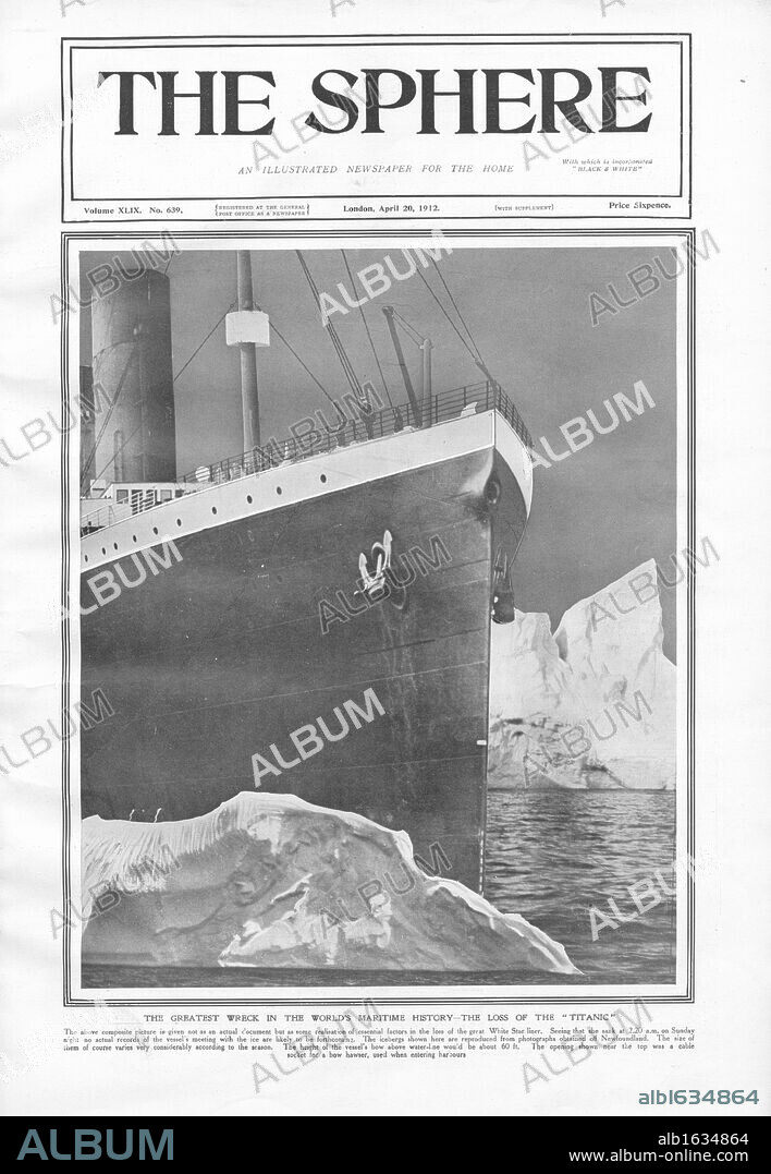 Titanic Hitting Iceberg. RMS Titanic Striking Iceberg. From the Sphere newspaper. Illustration shows White Star Liner RMS Titanic hitting the iceberg that caused it to sink off the coast of Newfoundland on 15th April 1912 on her maiden voyage from Southampton, England to New York, USA. The steamship was built by Harland & Wolff in Belfast, Ireland in 1910 - 1911. (Photo by Titanic Images/Universal Images Group).
