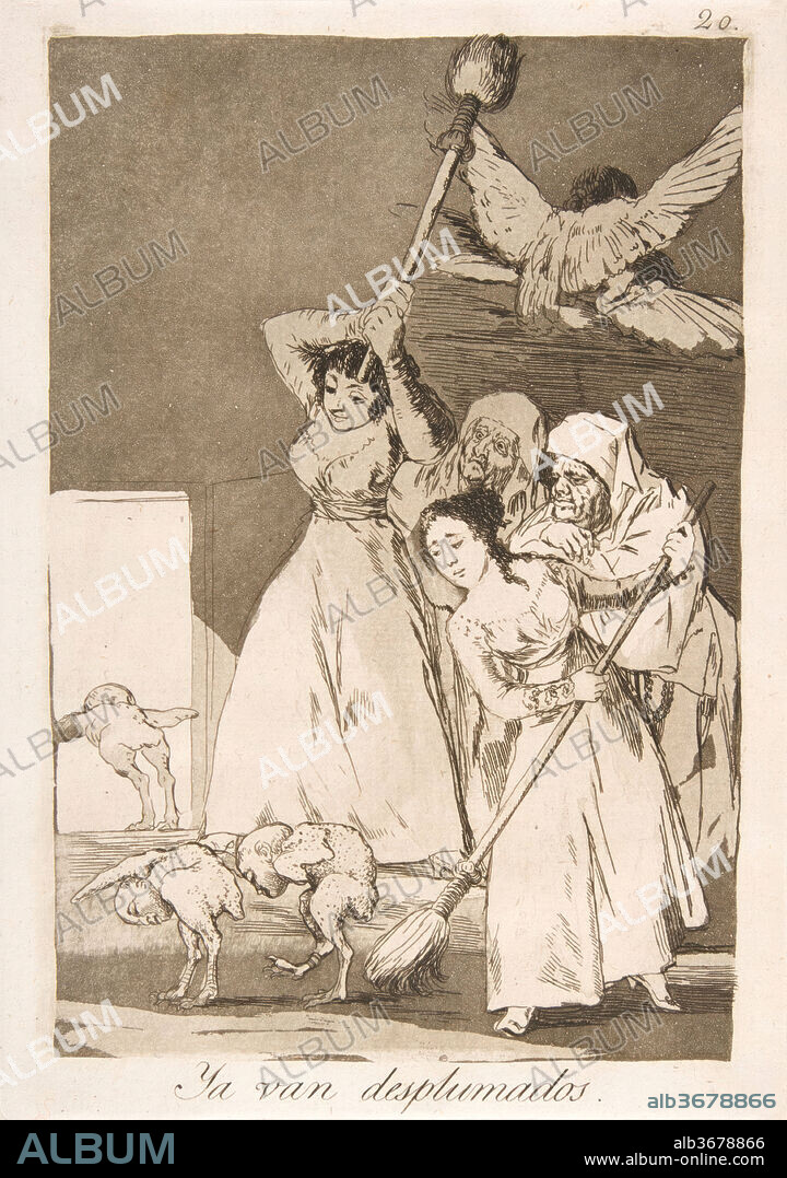 Plate 20 from 'Los Caprichos': There they go plucked (i.e. fleeced) (Ya van desplumados.). Artist: Goya (Francisco de Goya y Lucientes) (Spanish, Fuendetodos 1746-1828 Bordeaux). Dimensions: Plate: 8 7/16 × 5 7/8 in. (21.4 × 15 cm)
Sheet: 11 5/8 x 8 1/4 in. (29.5 x 21 cm). Series/Portfolio: Los Caprichos. Date: 1799.