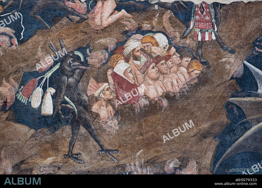 Basilica of the Holy Cross: "Punishment of the Miser and the Wrathful and Satan devouring Judas, Brutus and Cassius", fragment from the cycle of detached frescoes "The Triumph of Death, Last Judgement and Hell", by Andrea Orcagna, about 1350,.