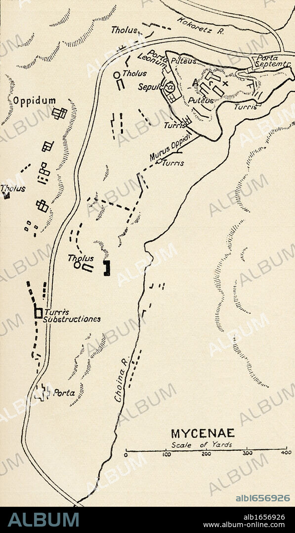 Map of Mycenae, Greece. From the book Atlas of Ancient and Classical Geography published 1928.