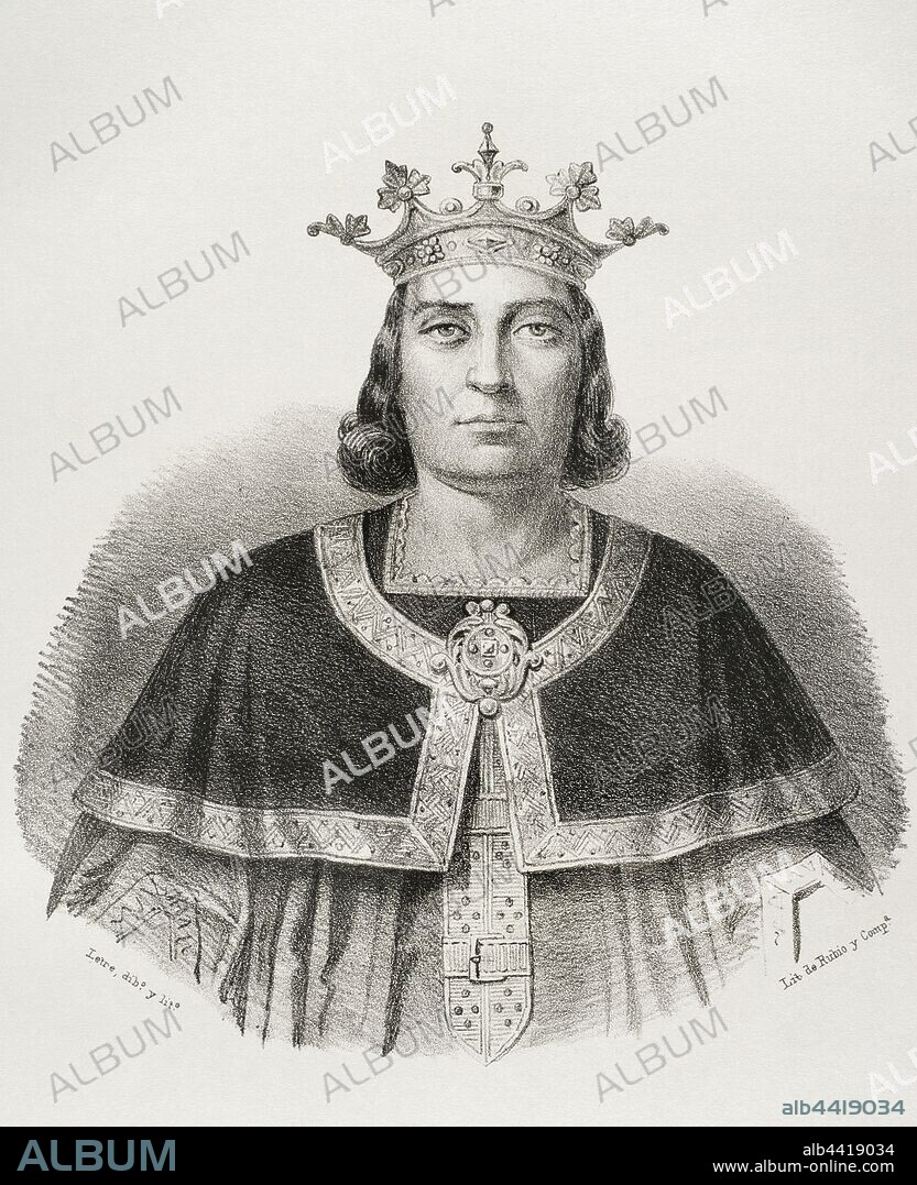 Fernando III de Castilla"el Santo" (1199/1201-1252). Rey de Castilla entre 1217-1252 y de León entre 1252-1252. Unificó los reinos de Castilla y León. Dibujo por Letre. Litografía. Detalle. Crónica General de España, Historia Ilustrada y Descriptiva de sus Provincias. Galicia,1866. Biblioteca Histórico Militar de Barcelona, Cataluña, España.