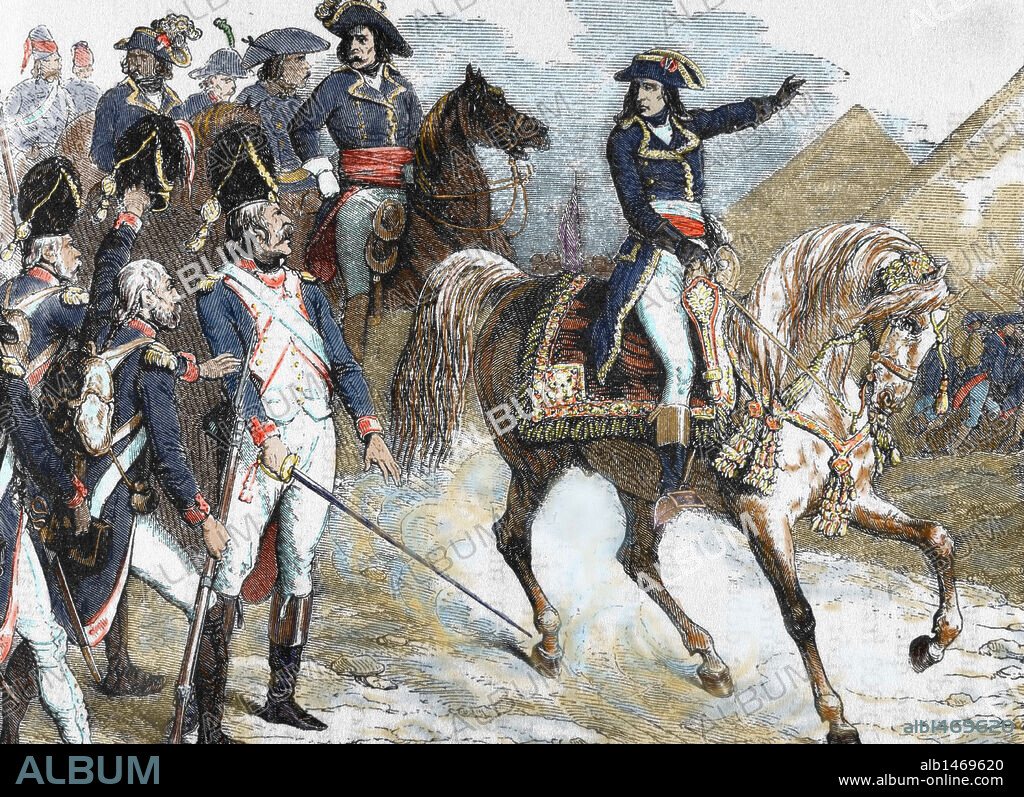 NAPOLEON I (Ajaccio, 1769-Santa Elena, 1821). Se puso al frente de una expedición contra Egipto en 1798, considerado como una posición estratégica en la ruta británica de las Indias y aplastó a los mamelucos en la BATALLA DE LAS PIRAMIDES pero el almirante Nelson destruyó su flota en Abukir. El 22 de agosto de 1799 deja su ejército a Kléber y regresa a Francia. Grabado coloreado.