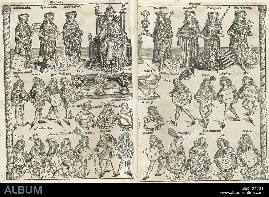 Emperor's Election, Liber Chronicarum (series title), Double-leaf representation (here in two parts) from the Liber Chronicarum. It shows the German emperor as head of the Holy Roman Empire. He sits in imperial garb, with scepter and imperial apple, on a throne. Before him the imperial coat of arms with the double-headed eagle. His throne is on a podium supported by four pillars. They represent the four duchies of Germany: Swabia (three black crowned lions), Brunswick (two leopards), Palatinate (an ascending lion against a black background) and Lorraine (three eagles on a diagonal bar). The emperor is flanked by his three spiritual and four secular electors. On the left are the archbishops of Trier, Cologne and Mainz. They each have a document in their hands. On the right stand the King of Bohemia, the Palatine Count of the Rhine, the Duke of Saxony and the Margrave of Brandenburg. The first holds a scepter and a large golden cup. The second carries three saucers and a napkin. The third has a sword in his hands and the last a key. The attributes refer to their arch offices in the ceremonial imperial household, successively that of archconfessor, archseneschal, archmarshal, and archchamberlain. The second and third rows contain images of young men, full-length or bust portraits with coats of arms. These are various groups: four margraves, four viscounts and four landgraves, four knighthoods and four counties. The print is part of an album., print maker: Michel Wolgemut, (workshop of), print maker: Wilhelm Pleydenwurff, (workshop of), Neurenberg, 1493, paper, letterpress printing, height 368 mm × width 267 mm × height 370 mm × width 268 mm.