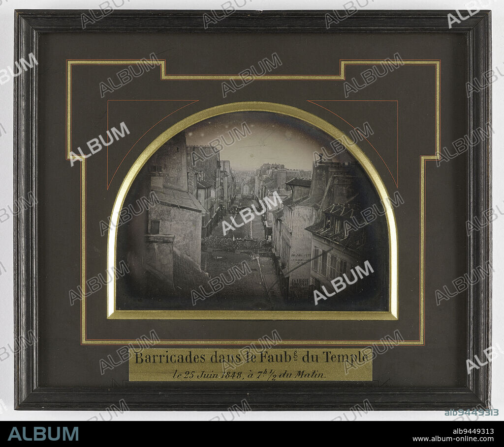 Barricades in the Faubourg du Temple on June 25, 1848 at 7:12 AM, Thibault, Charles François, Photographer, Richebourg, Pierre Ambroise, Merchant-Manufacturer, Array, Graphic Arts, Photography, Daguerreotype, Daguerreotype, Paris, Paris, Height: 10. 8 cm, Width: 14.8 cm, Dimensions - Coaster:, Height: 19 cm, Width: 23 cm, Dimensions - Frame:, Height: 21.5 cm, Width: 25.5 cm, Thickness: 1.8 cm.