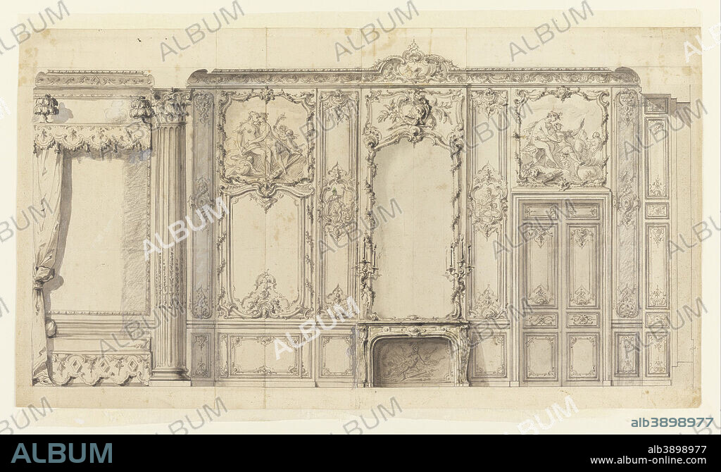 GERMAIN BOFFRAND. Wall Elevation of the Bedroom of the Prince de Rohan, Hôtel de Soubise, Paris. Date/Period: 1735-36. Drawing. Pen and black and gray ink, brush and gray wash, gouache over graphite, on three joined sheets of white laid paper, incised for transfer to engraving plate. Height: 291 mm (11.45 in); Width: 524 mm (20.62 in).