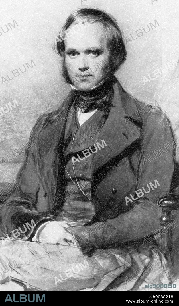 Charles Darwin in 1840. Watercolour by George Richmond (1809 -1896). Charles Robert Darwin was a British naturalist who achieved lasting fame as the originator of the theory of evolution through natural selection. Darwin's five-year voyage on the Beagle brought him eminence as a geologist and fame as a popular author. His biological observations led him to study the transmutation of species and develop his theory of natural selection in 1838. His 1859 book, "The Origin of Species by Means of Natural Selection," or "The Preservation of Favoured Races in the Struggle for Life," established evolution by common descent as the dominant scientific theory of diversification in nature. From Darwin and the Beagle by Alan Moorhead, page 23.