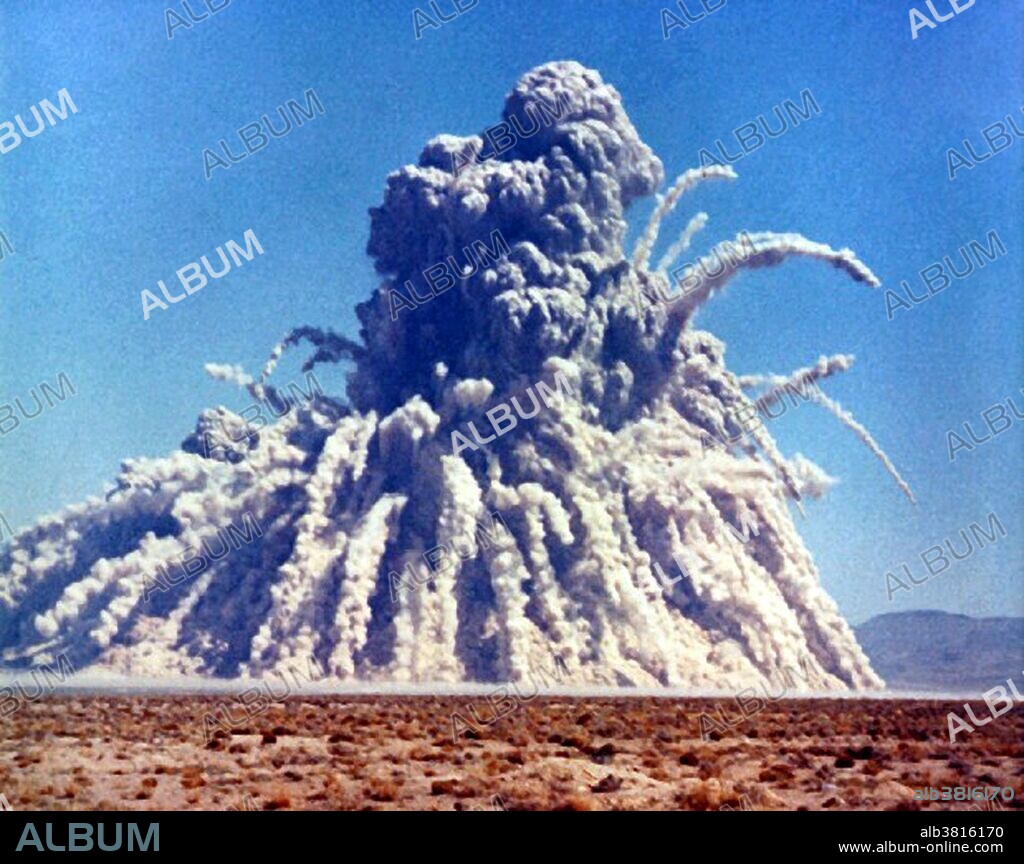 Operation Storax was a series of 47 nuclear tests conducted by the United States in 1962-1963 at the Nevada Test Site. Sedan was one of the most spectacular nuclear test ever fired in the continental U.S. fired July 6, 1962. It was an LRL test conducted under the auspices of the Plowshare program, which was an attempt to develop non-military uses for nuclear explosives. The purpose of Sedan was to investigate the potential of "clean" thermonuclear devices for producing large craters cheaply. Up to a point, the more deeply buried an explosive charge is, the larger the crater it will make. Beyond this point much of the material is thrown with insufficient force to clear the crater and falls back in, reducing the final size. At the optimal crater depth though quite a lot of material actually ends up back in the crater bottom. This is an advantage for a Plowshare-type crater experiment since much of the radioactivity gets returned to the crater and buried. Sedan was detonated at what was estimated to be the optimal crater depth in alluvial soil. 12 million tons of soil and rock were lifted into the air, 8 million tons of it falling outside the crater. The final crater was 1280 feet wide and 320 feet deep. The force of the detonation released seismic energy equivalent to an earthquake magnitude of 4.75 on the Richter Scale. This series was concluded before the signing of the Atmospheric Test Ban Treaty on August 5, 1963.