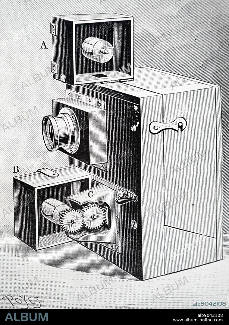G Demeny's design of a movie camera, built by Gaumont. Series of frames obtained by intermittent drive of take-up spool.