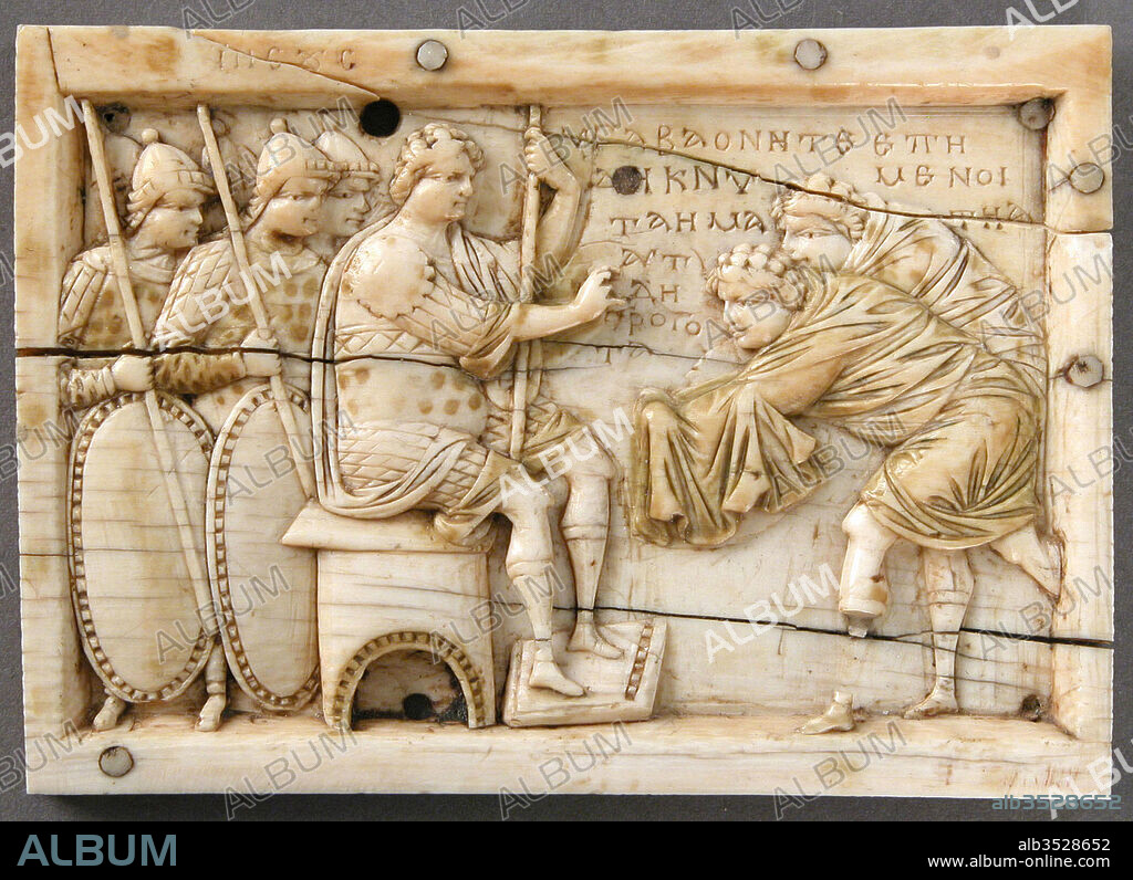 Plaque with Scenes from the Story of Joshua, 900–1000, Made in Constantinople, Byzantine, Ivory, traces of polychromy, gilding; bone (border strips), a: 2 1/2 x 3 9/16 x 1/4 in. (6.3 x 9 x 0.6 cm), Ivories, These panels are from a casket that illustrated Joshua’s conquest of the Promised Land and carry paraphrasings of texts from the Book of Joshua. The first narrative panel, designed to fit a lock plate, shows the capture of the city of Ai and is inscribed, “And Joshua stretched out his hand toward the city and they rose up quickly and they slew all” (Joshua 8:18–19).