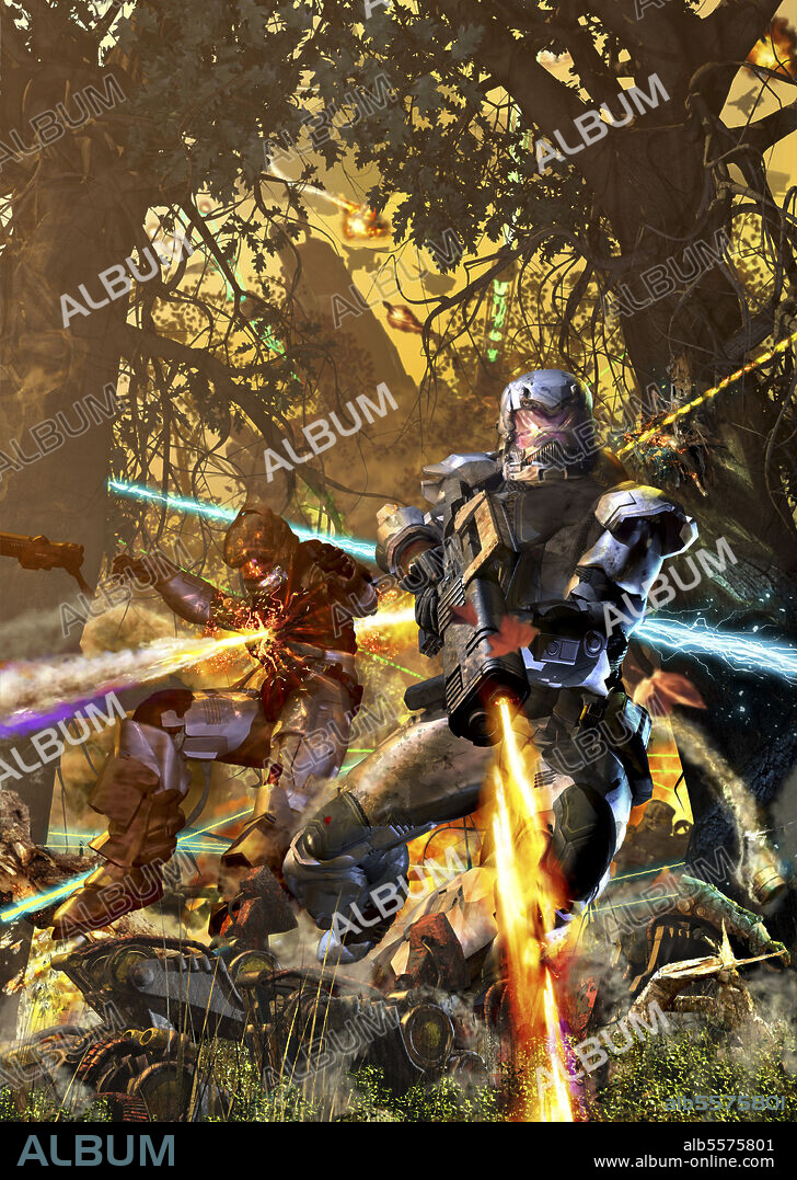 Space marine fighting Mechs in the woods.